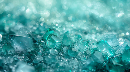 Background with mint colored crystals. Mint colored glass crystals with reflections of light. Abstract background with bokeh effect. AI generative