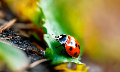 ladybug on the grass close-up. Selective focus. - obrazy, fototapety, plakaty