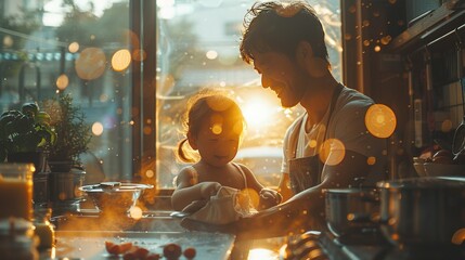 Dad and child bond while cooking breakfast. Heartwarming family moment in the kitchen. Family. - obrazy, fototapety, plakaty