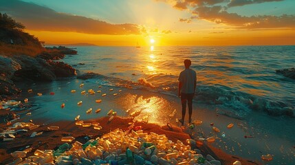 Young man standing on beach with lots of trash. Plastic bottles on the beach. Ocean pollution. - obrazy, fototapety, plakaty