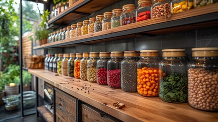 Organised kitchen pantry. Glass jars on wooden shelves in kitchen. Food storage with healthy food. - obrazy, fototapety, plakaty