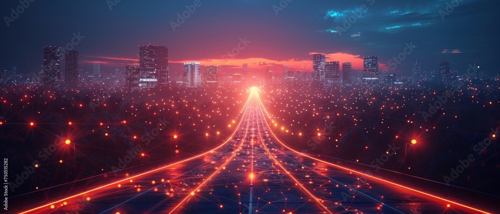 Poster Connected smart city with abstract polygon pattern, speed line light, and big data connection technology concept.