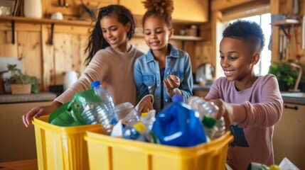 The family sorts waste together in the kitchen - 750515210