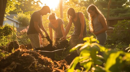People working together in a community garden fertilize the soil with compost - 750515268