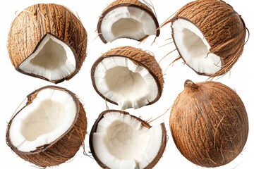 Fresh coconut slices and wholes isolated on white background, top view