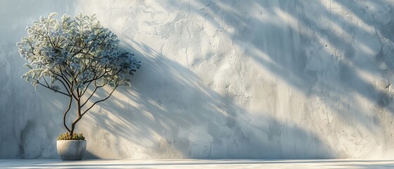 Sunlight is casting a shadow over the white concrete wall. - obrazy, fototapety, plakaty