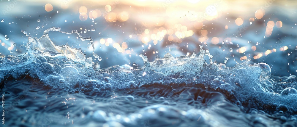 Poster The surface texture of clear calm water, undulating and desaturated, appears to be blurred, with splashes and bubbles. The background is an abstract nature background with a white-grey color scheme.