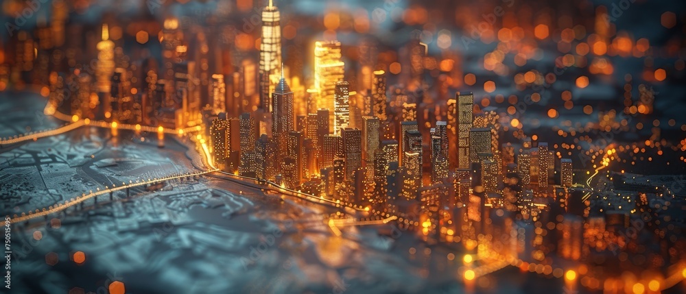 Poster An abstraction of a modern city diorama and a wireless sensor network, sensing nodes and connecting lines, ICT, internet of things, abstract image visual.