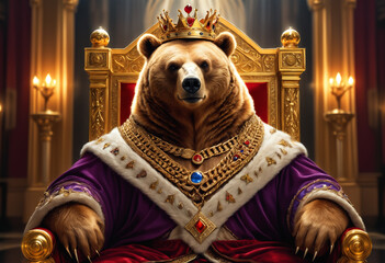 Bear wearing crown and gold chain. 3D illustration