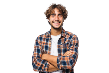 Standing laughing, a happy university student poses casually.