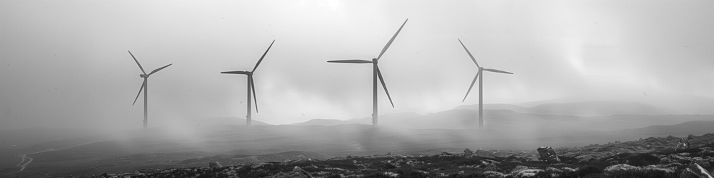 Panoramic banner with black and white image of wind turbines emerging from the fog on a hilly landscape