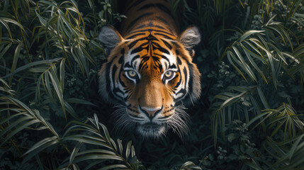 A majestic tiger peering through the dense foliage of a jungle. © Александр Марченко