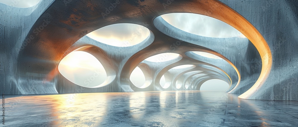 Poster Rendering of abstract futuristic architecture on an empty concrete floor in 3D....