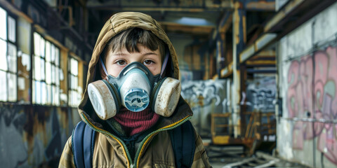 Little boy with gas mask on face against air pollution, copy space, Social problem concept