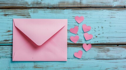 Happy Valentine's Day! Pink envelope with pink hearts.