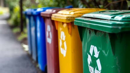 Colorful garbage segregation bins standing on the street in front of houses - 750515822