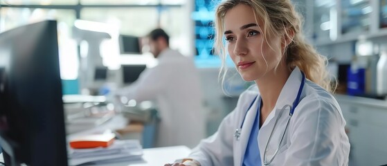 Doctor looking at patients information on computer. Female doctor consulting patient in hospital.