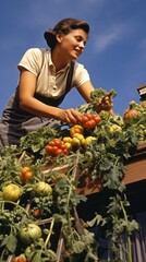 A Happy Woman is picking Fresh Tomatoes in a Communal City Roof Garden against a Blue Sky background. Agriculture, Harvest, Summer, Autumn, Organic Products, Healthy Food, Farming concepts.