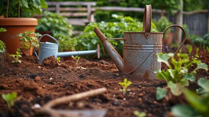 Gardening tools on fresh soil in the garden as a symbol of seasonal gardening works - 750515876