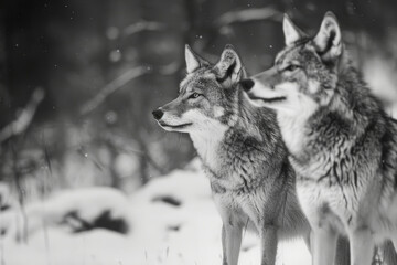 Obraz premium Two wolfs in snow, majestic gray canine in winter wilderness, black and white
