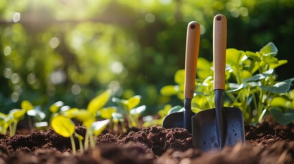 Gardening tools on fresh soil in the garden as a symbol of seasonal gardening works - 750515882