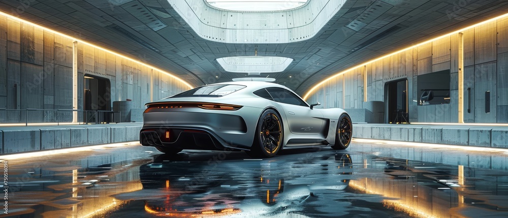 Poster rendering of abstract futuristic architecture with concrete floor. presentation of a car.