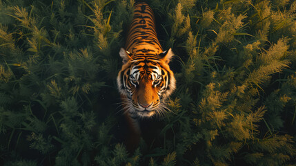 An aerial view of a tiger moving stealthily through a lush forest, with its gaze fixed upwards. © Александр Марченко