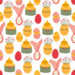 Seamless pattern with cute baby chicks and painted eggs. Vector illustration for celebration of Easter holiday