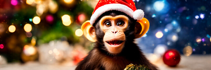 monkey in a santa go monkey hat. Selective focus. - obrazy, fototapety, plakaty