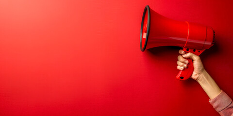 Red megaphone in woman hand on a red background, copy space, hiring, advertising, announce, banner concept - obrazy, fototapety, plakaty