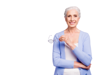 Granny advises! Beautiful nice gray-haired smiling old lady business woman wearing casual, holding glasses. Copy space. Isolated over pastel violet purple background