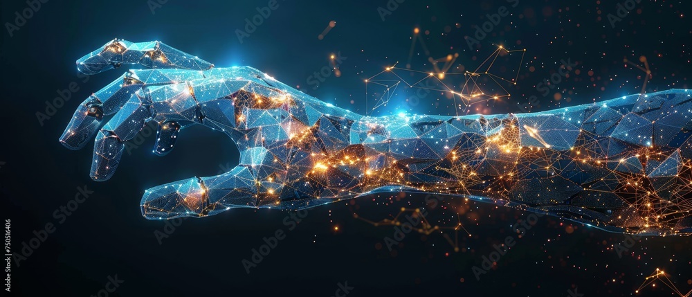 Leinwandbilder a low polygonal abstract health illustration depicts a robotic arm and hand. a low poly illustration