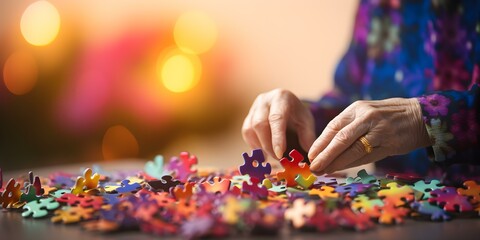 Elderly woman struggling with a jigsaw puzzle icon symbolizing dementia challenges. Concept Elderly Care, Dementia Awareness, Puzzle Solving, Mental Health Support, Aging and Cognition