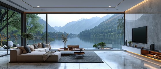 This is a 3D rendering of a modern living room with furniture and a lake view background on bright laminate floor. On white wall there is a TV and a cabinet. - obrazy, fototapety, plakaty