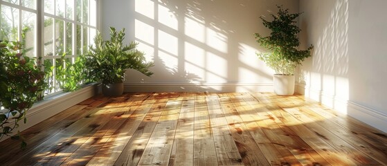 Three-dimensional rendering of an empty room with a wood laminate floor and sun light casting shadows on the wall. Perspective of minimal interior design. - obrazy, fototapety, plakaty