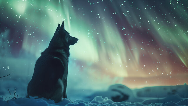German shepherd looking at aurora borealis.