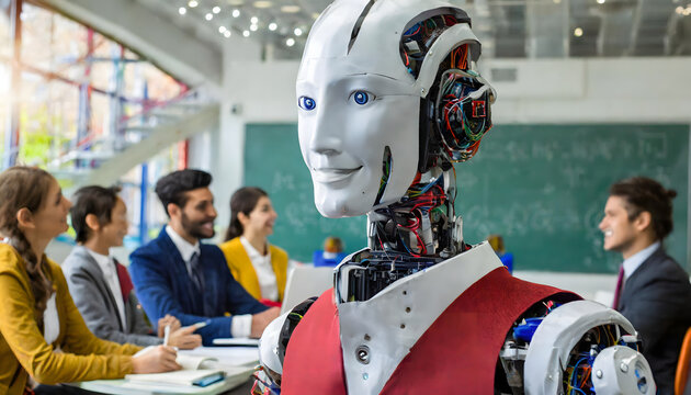 Presentator robot cyborg in the presentation room, there are workmates blurred behind, selective focus