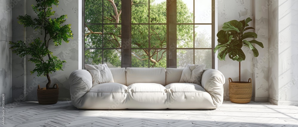Poster 3d rendering of a white living room in minimal style with furniture on laminate flooring. interior d