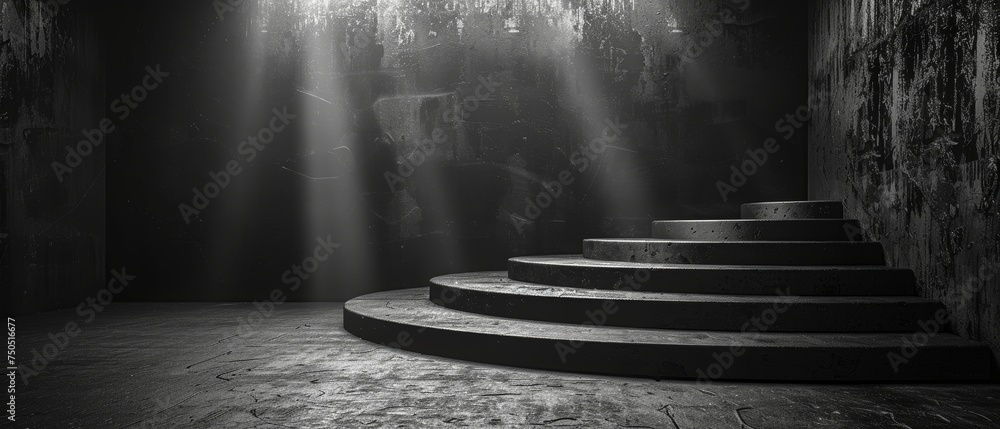 Poster the background is dark black with geometric shapes. platforms on the floor are used for product pres
