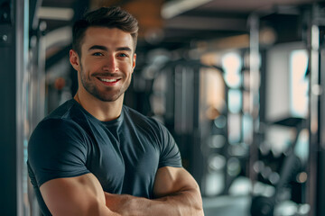 Fototapeta na wymiar Muscular brunette man in sportswear, smiling and looking at the camera on the background of the gym with copy space. Personal trainer. The concept of a healthy lifestyle and sports 