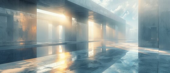 The abstract futuristic glass structure has an empty concrete floor in the 3D rendering.