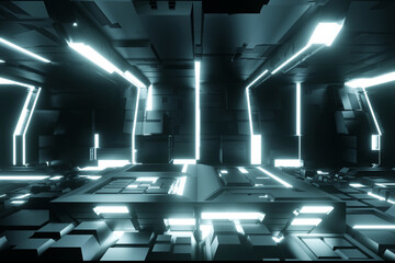 Podium in spaceship or space station interior, Sci Fi tunnel, stage for product presentation, 3D rendering.