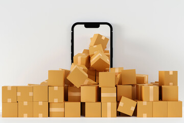 Cardboard box parcel transporting overflow from mobile phone screen, online market and delivery, 3D rendering.