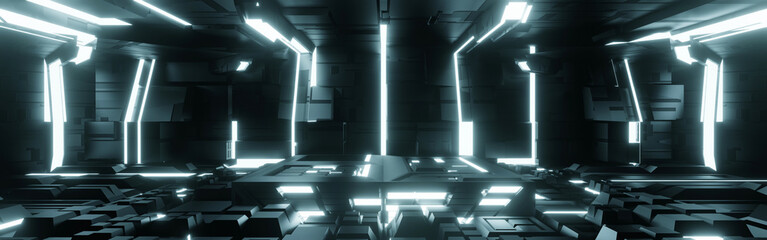 Podium in spaceship or space station interior, Sci Fi tunnel, stage for product presentation, 3D rendering.