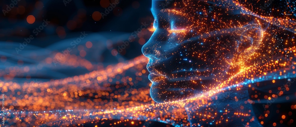 Poster Abstract face of artificial intelligence. The face consists of glowing dots or particles. Technology background of a robot head. An artificial neural network analyzes the flow of data. A glowing wavy