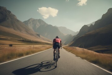 Cyclist on mountain road, endurance, scenic, athletic.