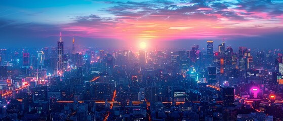 Aerial view of a cityscape skyline with smart services and icons, internet of things, and augmented reality concept at night. - obrazy, fototapety, plakaty