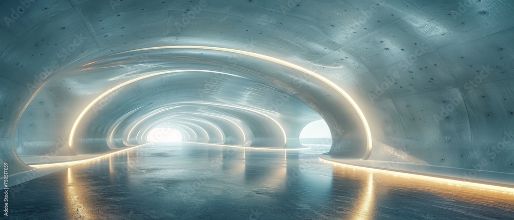 Poster 3d rendering of an architecture tunnel on a highway with an empty asphalt road.