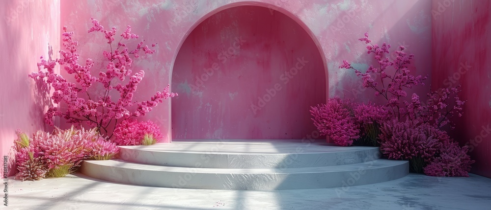 Poster A minimalist background, mock up with podium for displaying a product, abstract white geometry shape background neutral Valentine's day pink background, abstract mock up background 3D rendering.