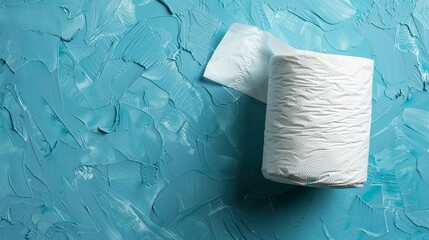 An image of a roll of toilet paper in top view on a blue background
